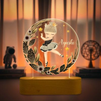 Personalized Ballerina Fairy Dancing Girl Night Lamp with Warm White Light & Wooden Stand Gift for Dancer Birthday Return Gift Girls Room Decor Light